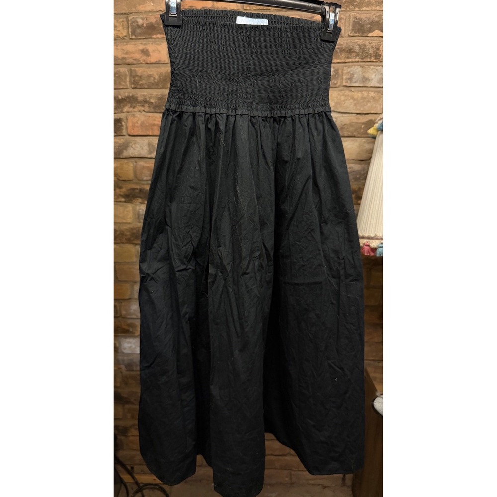 Hill House Home Black Smocked Cotton Midi Skirt Small Womens Flared High Waist